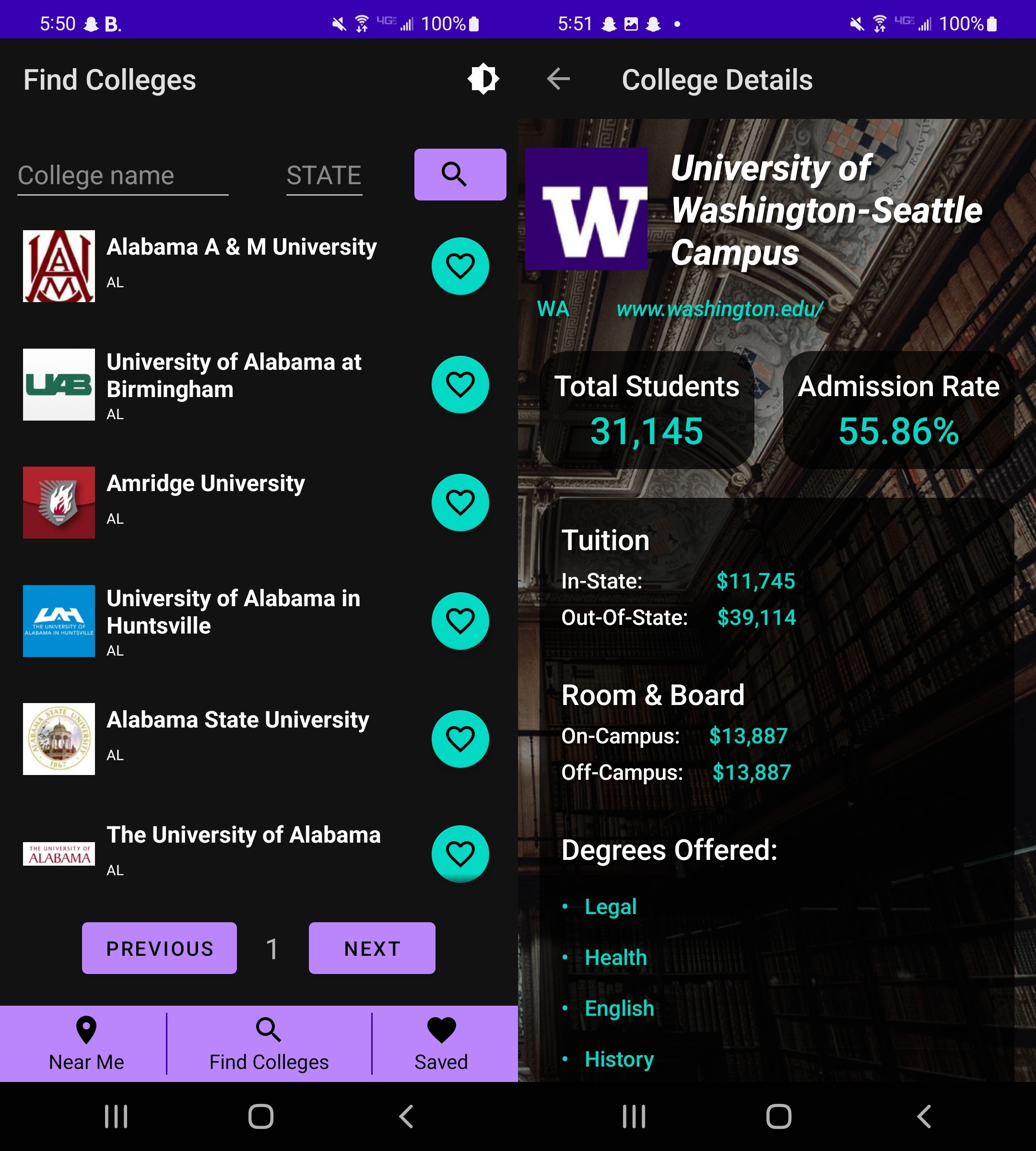 Screenshots of College Ranker app